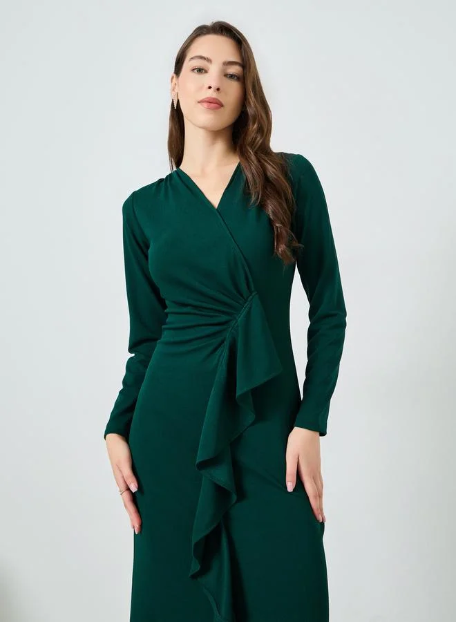 Styli Women Dark Green Ruffled Front Maxi Dress